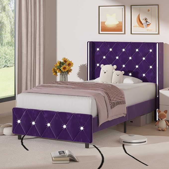 HOMBCK Twin Bed Frames, Upholstered Platform Bed with Diamond Tufted Headboard, Modern Velvet Bed Frame with Wingback Design, No Box Spring Needed, Easy Assembly, Purple