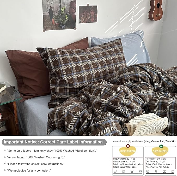 mixinni Vintage Blue & Brown Buffalo Plaid Comforter Set Full Size - 3-Piece Washed Cotton Soft Geometric Checkered Pattern Bedding Set for All-Seasons Lightweight & Breathable-Full Size