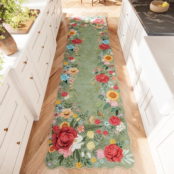 Hallway Rug 2'6''x10' Long Washable Floral Hallway Runner Rug Boho Vintage Low Pile Carpet for Entryway, Laundry Room High Traffic Areas, Indoor Rug for Bathroom (Green