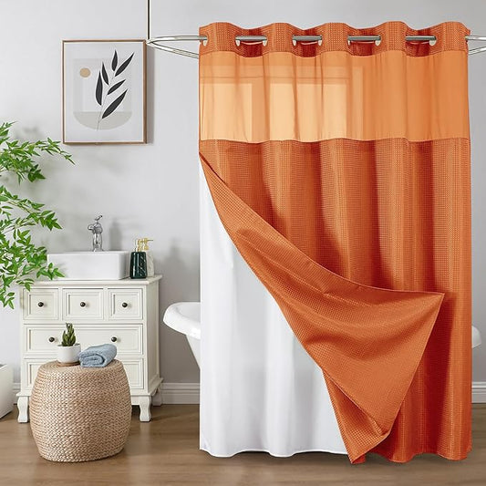 No Hook Shower Curtain with Snap in Fabric Liner, Waffle Weave Heavy Duty Thick Shower Curtains with Mesh Top Window, Hotel Style Waterproof Bathroom Curtain Set, 72 x 81 Inch, Burnt Orange