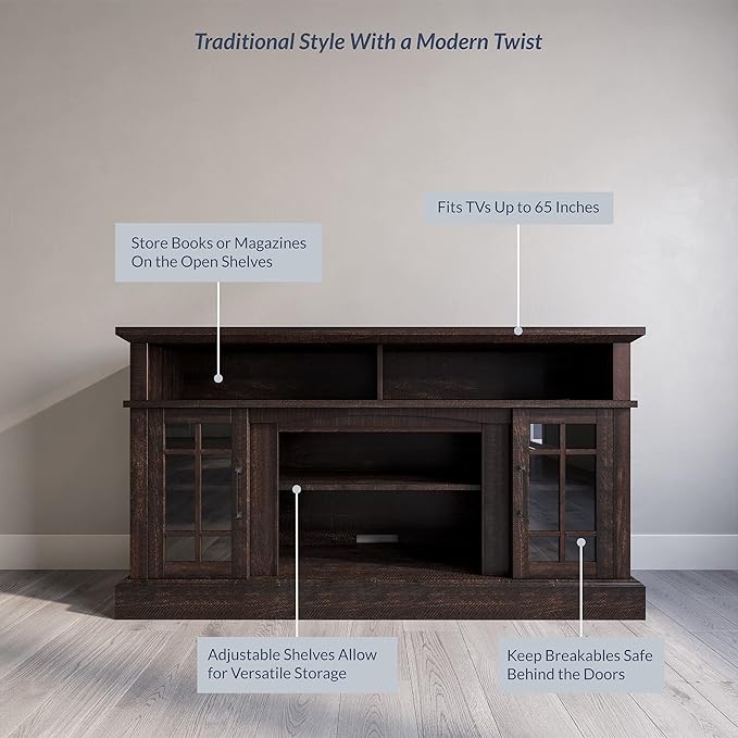 BELLEZE Traditional 58 Inch Rustic Wood TV Stand & Media Entertainment Center Console Table for TVs up to 65 Inches with Open Storage Shelves & Cabinets - Astorga (Espresso)