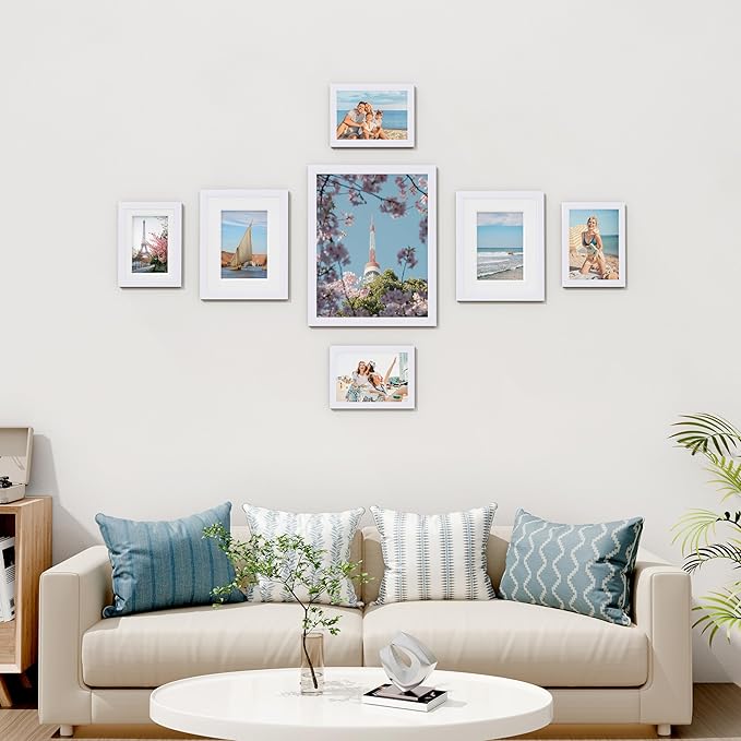 Vittanly Picture Frames set of 7, Picture Frames Collage Wall Decor for Wall or Tabletop Display, Multi Sizes with 1Pcs 11x14, 2Pcs 8x10 and 4Pcs 5x7 Photo Frames, Gallery Wall Frame Set in White