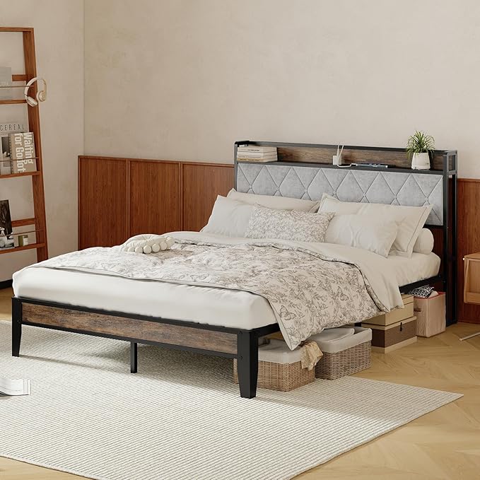Sweetcrispy Queen Bed Frame with Headboard,Spacious Underbed Storage,Integrated Charging Station,Durable Squeak-Free Frame,Simple No-Tool Assembly,Works with Queen Mattress No Box Spring Required