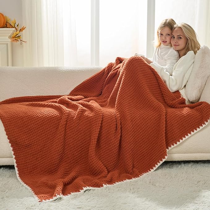 Snuggle Sac Orange Waffle Blanket for Couch Bed Sofa 60x80 inches, Reversible Soft Throw Microfiber Fluffy Fuzzy Cozy Knit Twin Blanket for Women Mothers Birthday Gifts