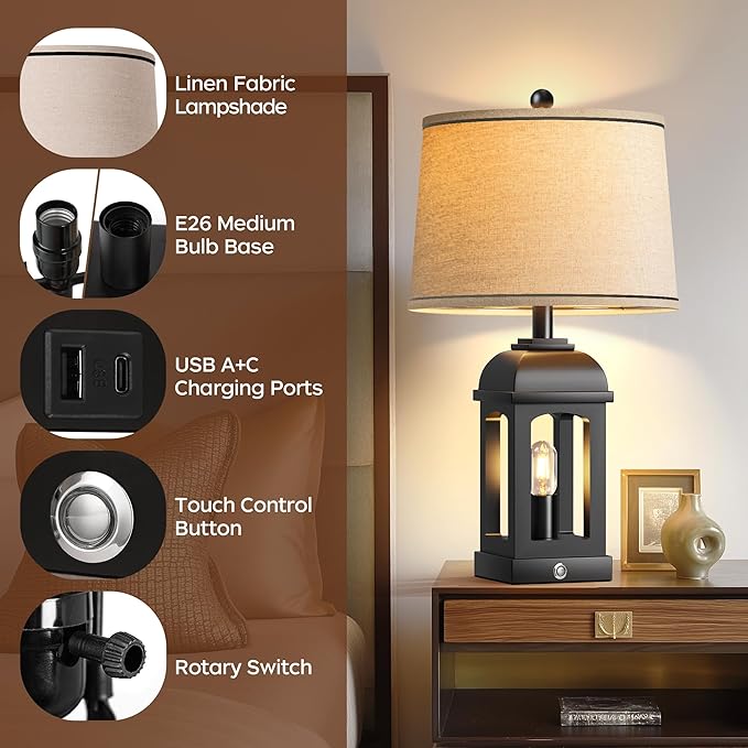 QiMH Table Lamp for Living Room, Farmhouse Lamps Set of 2 with USB A+C and Nightlight, 26" Rustic Bedside Lamps with 3-Way Dimmable Touch Control, Nightstand Lamp for Bedroom Decor, Black