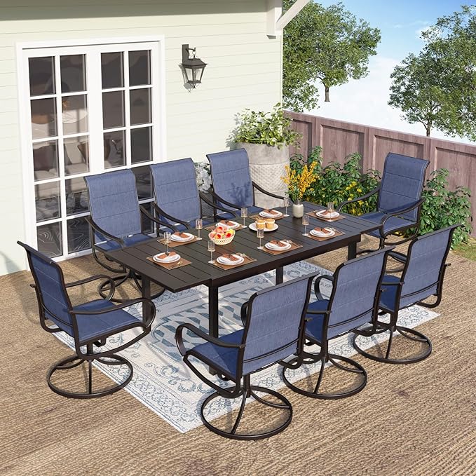 PHI VILLA 9 Piece Outdoor Patio Dining Set, 8 Swivel Outdoor Padded Chairs and 1 Extendable Large Patio Table, Outdoor Furniture Table and Chair Set for 6-8 Person (Blue)