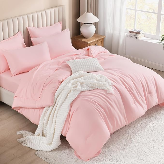 Litanika Queen Comforter Set Pink - 7 Pieces Bed in a Bag Queen Bedding Comforter Sets, Solid Lightweight Bed Set with Comforter, Sheets, Pillowcases & Shams