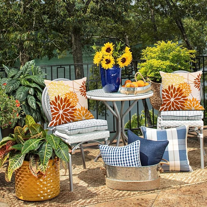 Brown Yellow Fall Pillow Cover 18X18 Inch Set of 2 Outdoor Waterproof Floral Brown Decorative Pillowcase Decor for Couch Patio Funiture Garden Print Polyester Cushion Cover 01M18