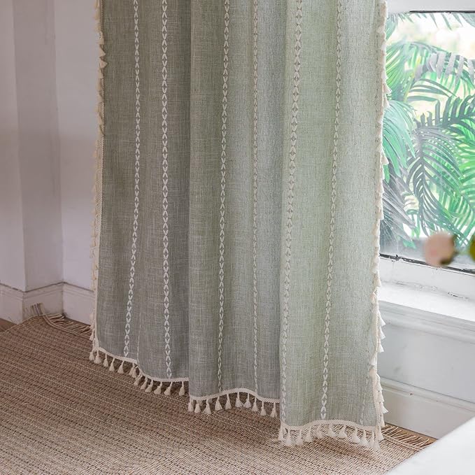 Boho Embroidery Striped Linen Curtains 84 Inches Long 2 Panels for Bedroom - Sage Green Country Farmhouse Bohemian Light Filtering for Living Room (52" W x 84" L)