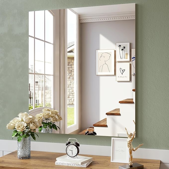 Brightify Frameless Mirror, 28x32 Inch Bathroom Mirrors for Over Sink, Large Tempered Glass Square Wall Mirror, Frameless Vanity Mirror for Gym, Yoga, Living Room, Bedroom, Entryway