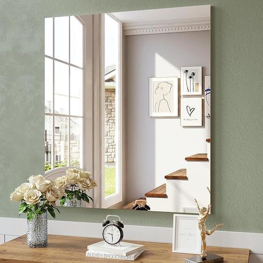 Brightify Frameless Mirror, 28x32 Inch Bathroom Mirrors for Over Sink, Large Tempered Glass Square Wall Mirror, Frameless Vanity Mirror for Gym, Yoga, Living Room, Bedroom, Entryway