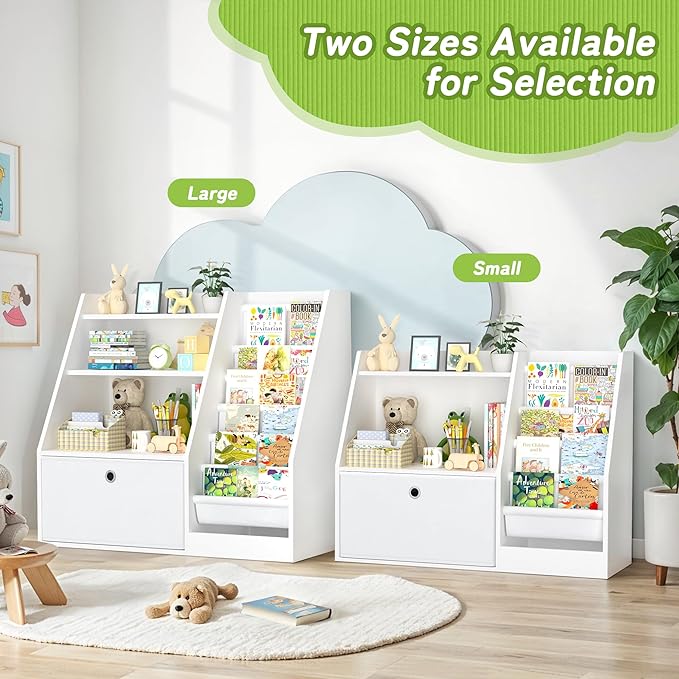 TOETOL Kids Bookshelf,Book Storage Organizer,6 Sling Toddler Wooden Book Shelf,3-Tier Kids Bookcase for Bedroom,Livingroom,Playroom,Nursery-White