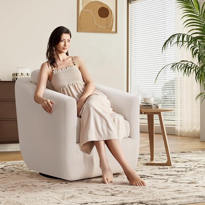 COLAMY 360° Swivel Accent Chair Set of 2 with Pillow - Comfy Living Room Armchair No-Sag Foam & Sturdy Metal Base, Fully Assembled Swivel Accent Single Sofa for Bedroom Living Room, Office, Beige