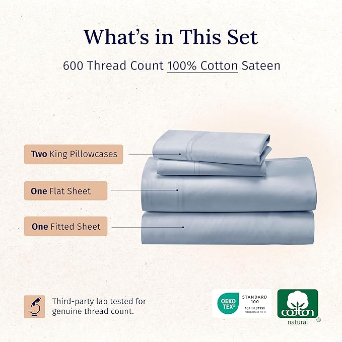 California Design Den California King Sheet Set - 100% Cotton, 600 Thread Count Deep Pocket Cal King Sheet Set, Luxury Hotel-Quality Sheets with Soft Sateen Weave - Blue