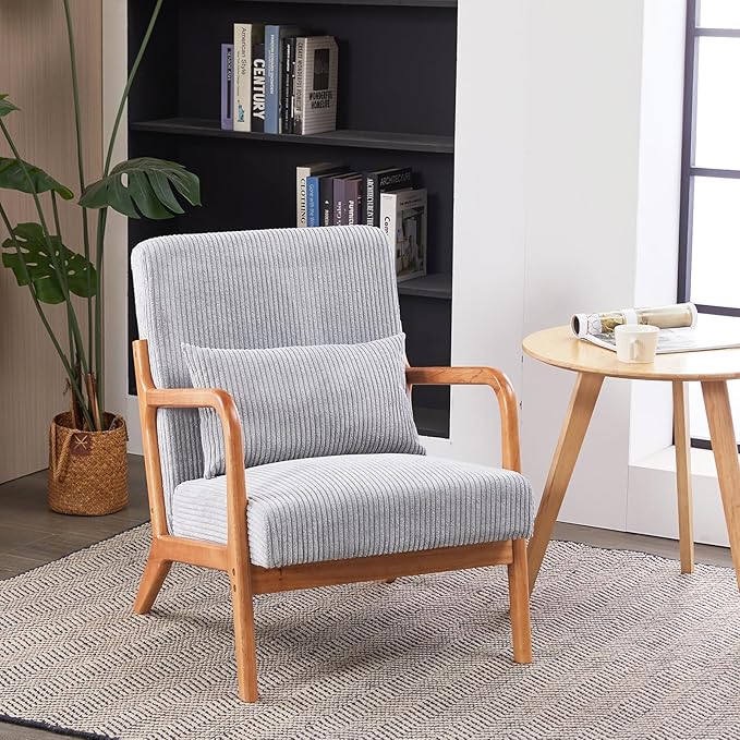 IKIFLY Mid Century Modern Accent Chair with Pillow, Upholstered Lounge Armchair with Solid Wood Frame, Reading Chair with Lumbar Cushion for Living Room, Office, Reading Room, Bedroom - Light Grey