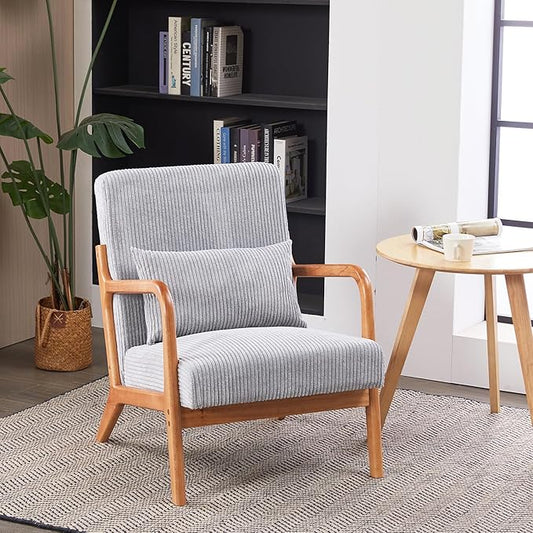 IKIFLY Mid Century Modern Accent Chair with Pillow, Upholstered Lounge Armchair with Solid Wood Frame, Reading Chair with Lumbar Cushion for Living Room, Office, Reading Room, Bedroom - Light Grey