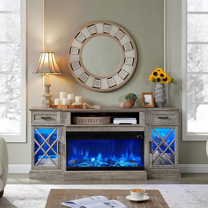 OKD 70'' TV Stand with 36'' Electric Fireplace, Media Entertainment Center for TVs Up to 80'', Modern Farmhouse 3-Sided Glass TV Stand with 3 Color Lights & 5 Flame Speeds, Light Rustic Oak