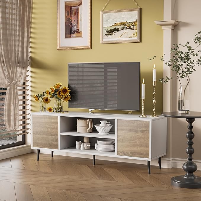 JUMMICO TV Stand for 65 Inch TV, Mid Century Modern TV Stand, Entertainment Center with Storage Cabinet and Open Shelves, TV Console Table Media Cabinet for Living Room, Bedroom and Office (Oak)