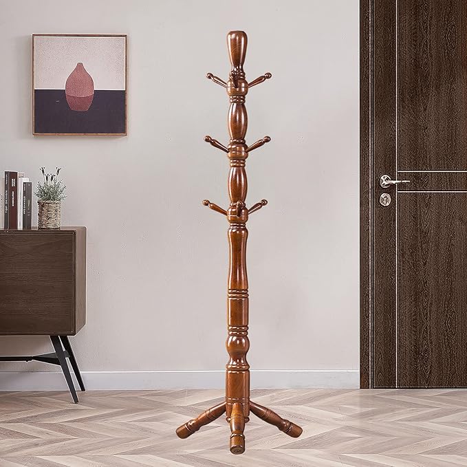 Wood Coat Rack Hall Tree, Stable Triangle Base Coat Tree with 3 Height Options and 9 Hooks, Vintage Coat Rack Freestanding for Hall Entryway, Bedroom and Home Office (Walnut)