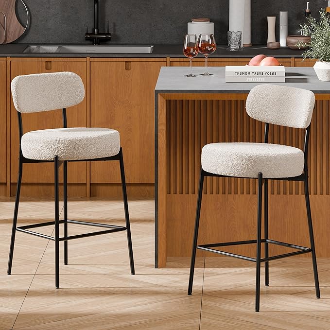 DYHOME Bar Stools Set of 2, 24 Inches Modern Counter Height Bar Stools with Curved Back Metal Legs, Grey Upholstered Boucle Barstools for Kitchen Island, Cafe