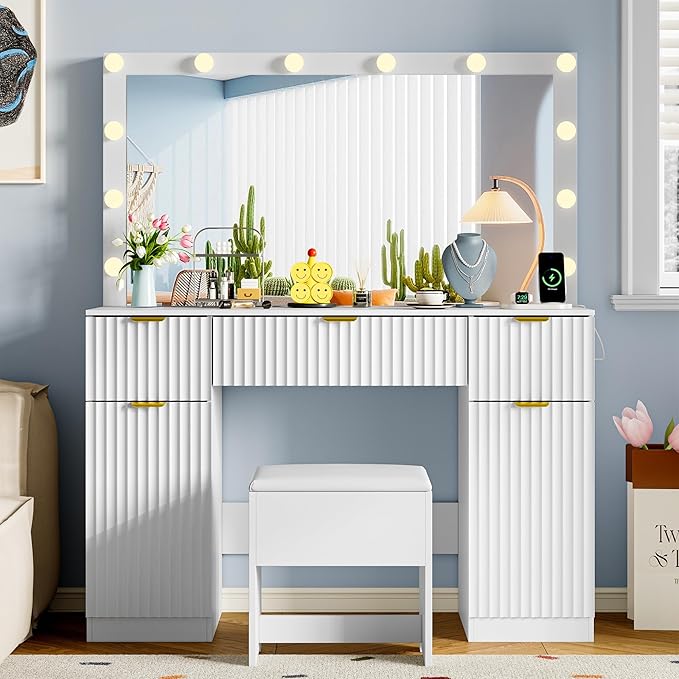 Vanity Desk with Large 42" Mirror and Lights, White Fluted Makeup Table Set with Storage Drawers, Power Outlet & Stool, 3 Lighting Modes & Adjustable Brightness, Dressing Table for Women Girls Bedroom