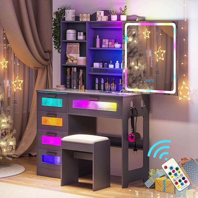 Vanity Desk with Lights and Sliding Mirror, Makeup Vanity Desk with Charging Station, Vanitys Dressing Table with Stool,LED Vanity Set with Large Drawers&Shelves for Bedroom, Decor, Grey