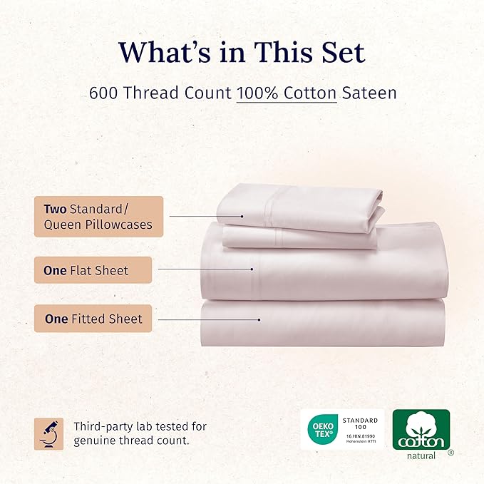 California Design Den - Luxury Full Size Sheet Set - 100% Cotton, 600 Thread Count Deep Pocket Full Size Bed Sheets, Cooling Hotel-Quality Sheets with Sateen Weave - Blush Pink
