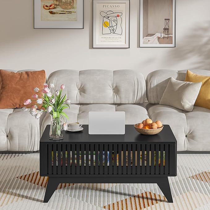 Lift Top Coffee Table with Hidden Compartment, Mid Century Modern Coffee Table for Living Room, Fluted Design Farmhouse Center Table with Storage (Black, 35.4''W)