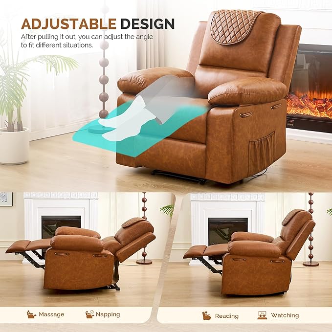 Recliner Chair with Electric Massage Adjustable Footrest & Heat, Manual Leather Recline for Adults Living Room Remote Control (Chestnut Brown)