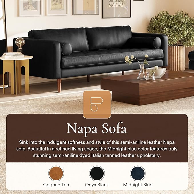 Poly & Bark Napa Leather Couch - 88.5-Inch Office Sofa with 2 Bolsters - Full-Grain Leather Sofa for Living Room with Feather-Down Topper - Living Room Couch - Vintage Italian Leather in Onyx Black