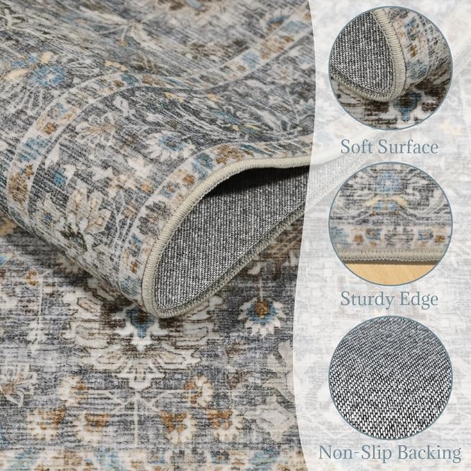 6x9 Washable Rug Vintage Fade Resistant Boho Distressed Non-Slip Indoor Large Carpet Low Pile Lightweight & High-Traffic Safe for Bedroom, Dorm, Playroom - Farmhouse Decor