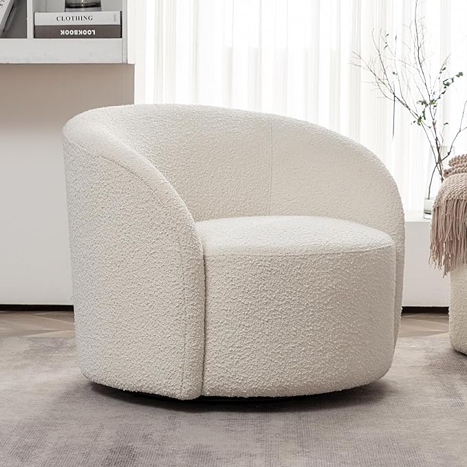 KINWELL 34" W Mid Century Modern Swivel Barrel Chair, Round Upholstered Boucle Swivel Accent Chairs, No Assembly Sofa Chair for Living Room Bedroom Reading Apartment Lounge Nursery(Cream)