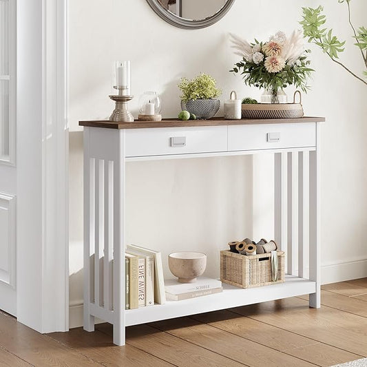 ChooChoo Farmhouse Console Table with Drawer, Mission Narrow Entryway Sofa Table with Storage, for Entryway, Living Room and Hallway, Soft White and Brown