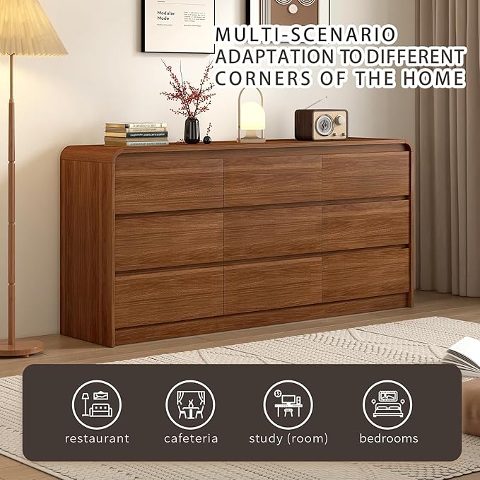 Modern 9 Drawer Dresser, 63-Inch Wood Chest of Drawers, Curved Anti-Collision Design, Mid-Century Storage Cabinet, Pre-Embedded Slots, Natural Texture, for Bedroom, Living Room, TV Stand