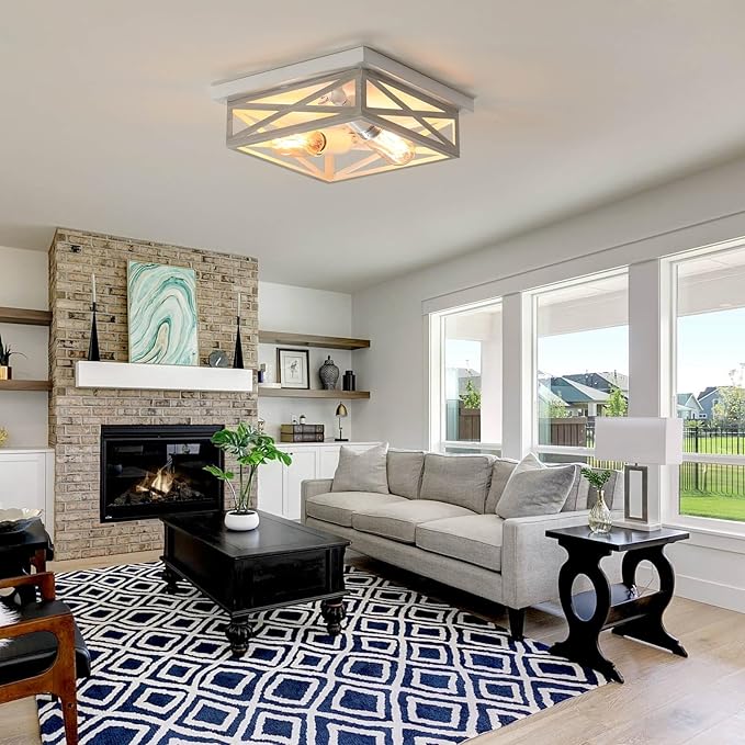 2 Pack White Flush Mount Ceiling Light, Farmhouse Ceiling Light Fixtures, 2-Light Rustic Metal Finish Industrial Kitchen Light Fixture for Bedroom, Hallway Light