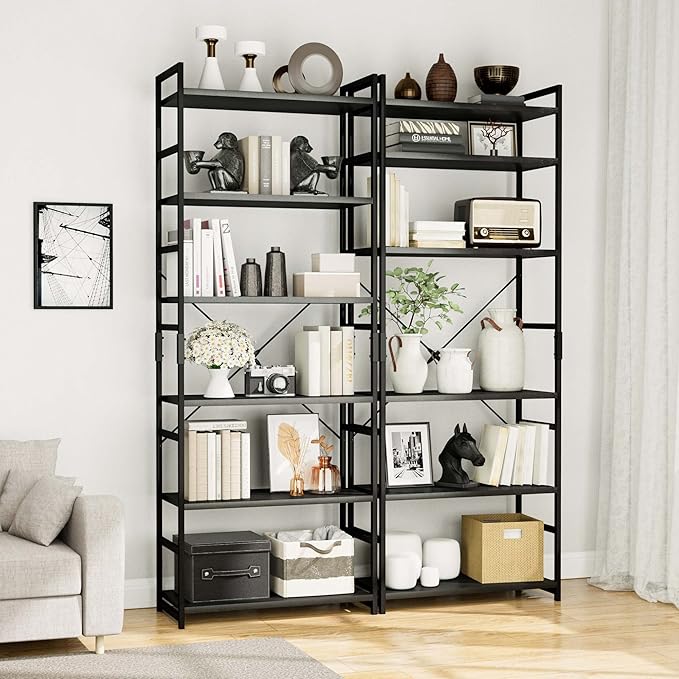 OTK 6 Tier Adjustable Bookshelf, Tall Bookcase, Office Shelf Storage Organizer, Modern Book Shelf for Living Room, Bedroom, and Home Office, Black