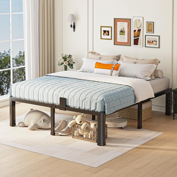 14 inch Full Size Bed Frame with Round Corner Legs and Headboard Hole Mattress Slide Stopper 3500 lbs Heavy Duty Metal Platform,Steel Slat Support,No Box Spring Needed,Easy Assembly,Noise Free