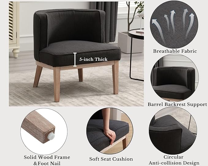 Comfy Barrel Chair Mid Century Modern Accent Chair with Solid Wood Leg Upholstered Reading Chairs Linen Fabric Waiting Room Round Side Chairs for Living Room Bedroom Office, Charcoal