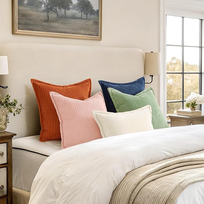 decorUhome Corduroy Navy Blue Throw Pillow Covers 12x20 Set of 2 Decorative Soft Boho Striped Lumbar Neutral Euro Farmhouse Couch Pillow Covers with Broadside for Living Room Bed Sofa