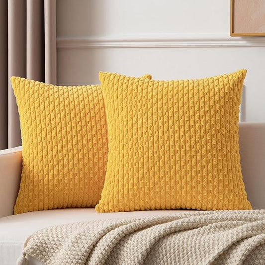 Kevin Textile Velvet Pillow Covers Striped Decorative Throw Cushion Case with Hidden Zipper for Home Couch/Bedroom 2 Pack (24x24 Inch Yellow)