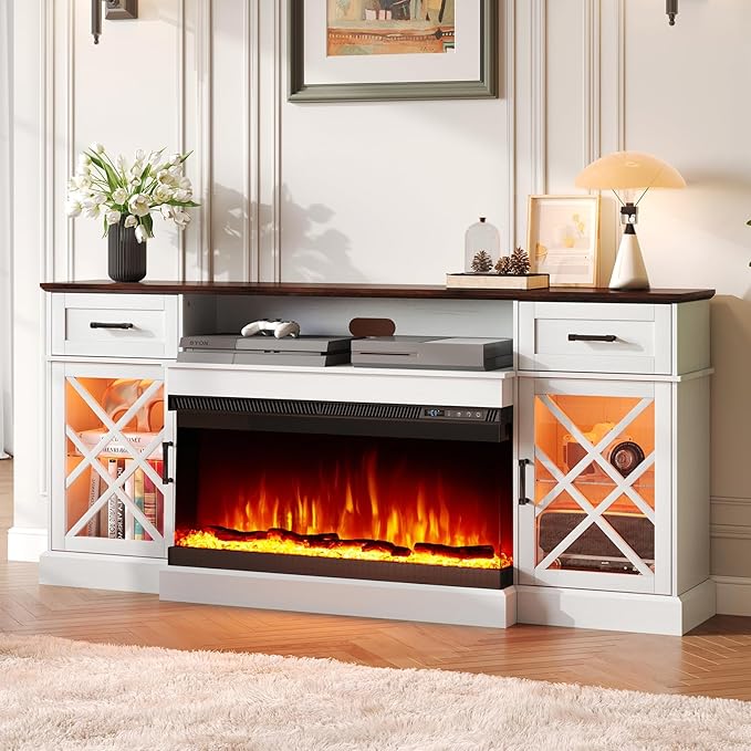 3-Sided Farmhouse LED Fireplace TV Stand, 70" Large Entertainment Center Glass Doors for TVs up to 80", Modern Wood Grain High-Gloss TV Storage Cabinet for Living Room, Antique White