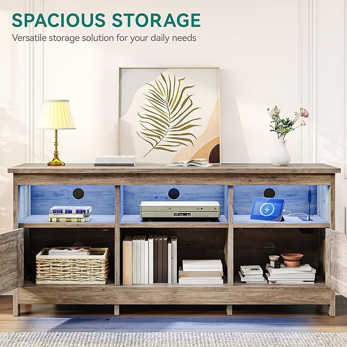 YITAHOME TV Stand for 65 Inch TVs, Entertainment Center with Storage Cabinets, Power Outlet & LED Light, Media Console Living Room Furniture, Washed Gray