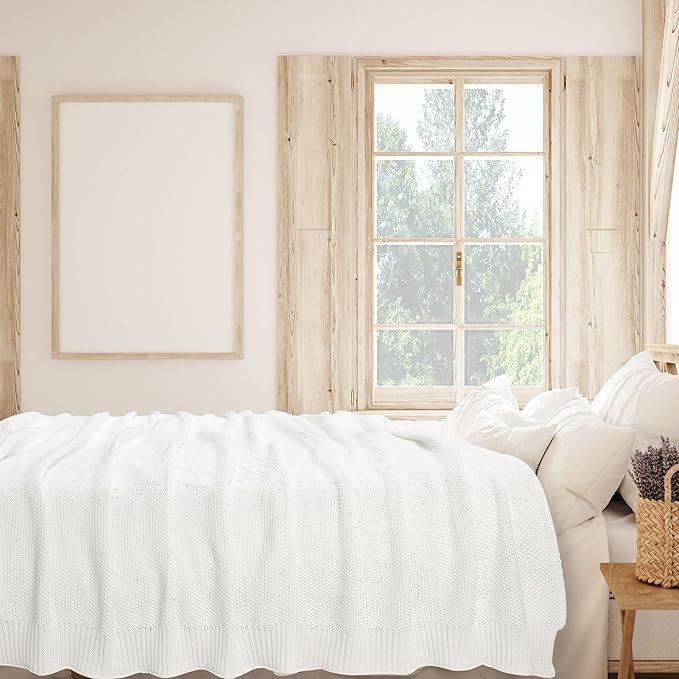 PiccoCasa 100% Cotton Knit Blanket Twin Size,Solid Lightweight Decorative Throws and Blankets,Soft Knitted Throw Blanket for Sofa Couch, White 60" x 78"