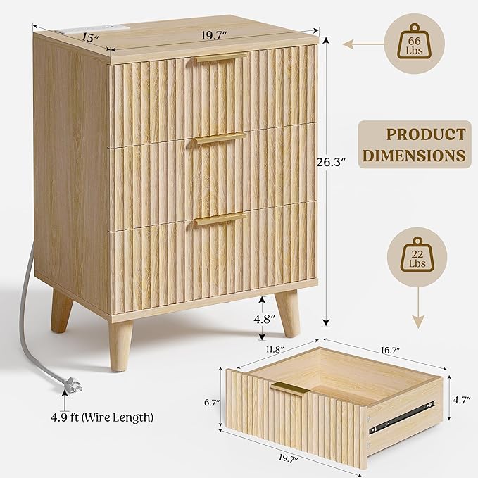 Lulive Wood 3 Drawers Dresser Fluted Night Stand with Charging Station, Storage Nightstand Modern Side Table, Bedside Table for Bedroom, Entryway Natural