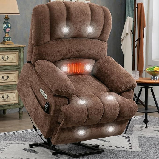 Power Lift Recliner Chair for Elderly People, Oversized Lift Recliner with Vibration Massage and Heat for Seniors with Charging Ports, Side Pockets, Chenille Fabric Brown