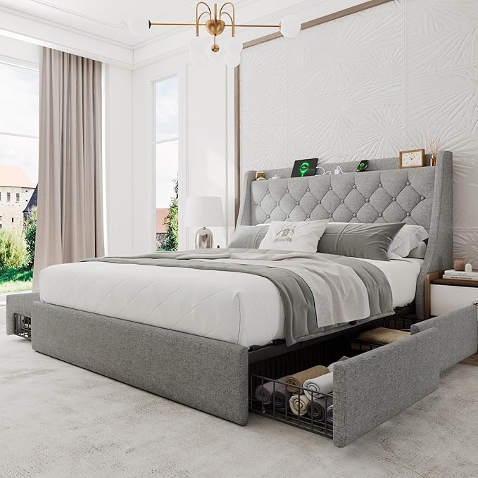 Upholstered Full Size Bed Frame with 4 Storage Drawers, Platform Bed Frame with Wingback Headboard, Charging Station, No Box Spring Needed, Light Grey