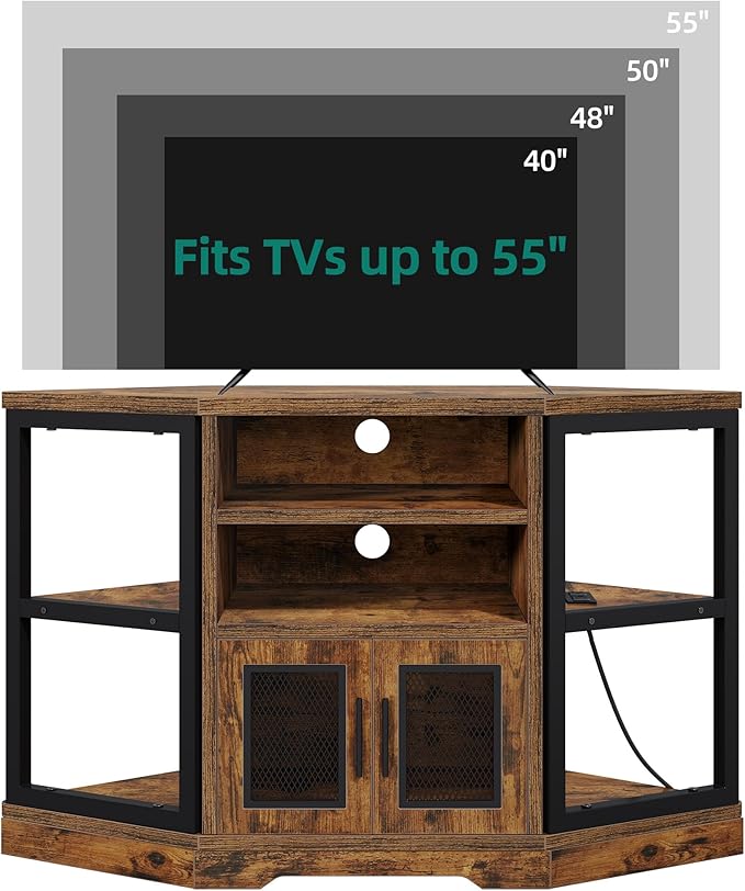 YITAHOME Corner TV Stand for TVs up to 55 Inch with Power Outlet, Modern Farmhouse Entertainment Center, Wood TV Media Console with Storage Cabinets Shelves for Living Room, Retro Brown