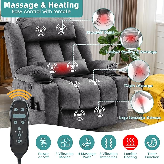 MEETWARM Oversized Dual Motor Lay Flat Power Lift Recliner Chair for Elderly with Heat Massage, Large Sleeping Electric Recliner with Extended Footrest, Lumbar Pillow, USB & Type-C Ports, Plush-Gray