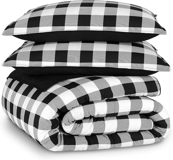 Bare Home Comforter Set - Full Size - Ultra-Soft - Goose Down Alternative - Premium 1800 Series - Reversible - All Season Warmth (Full, Chester Buffalo Plaid - White/Black)