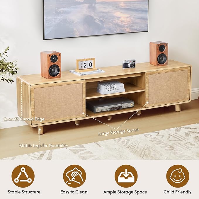 AVZEAR 70'' Large Modern TV Stand for TVs up to 80 Inch, Boho Entertainment Center with Storage & Nature Linen Door, Curved Wooden Media Console TV Consoles for Living Room Bedroom(Natural)